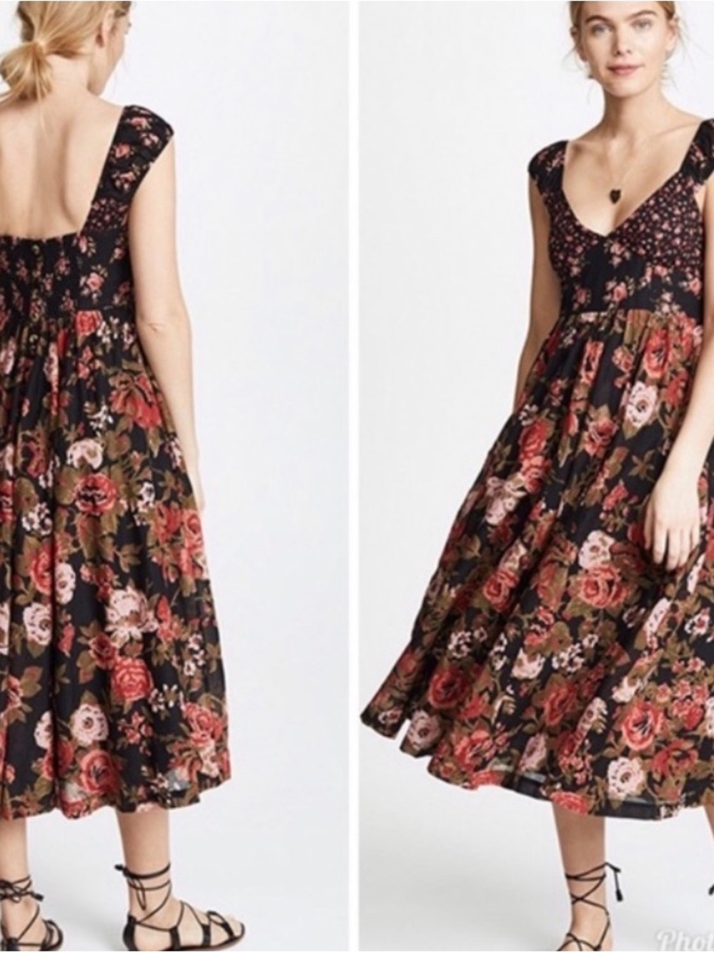 Free People Black Midi Dress with Red & Pink Floral Print